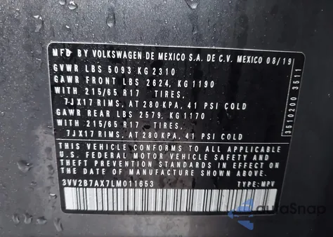 2020 Volkswagen Tiguan 2.0T Se/2.0T Se R-Line Black/2.0T Sel z USA, uszkodzony, nr VIN 3VV2B7AX7LM011653